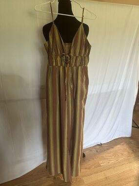Cider Striped Olive, Yellow & Rust Maxi Jumpsuit with Tie Waist